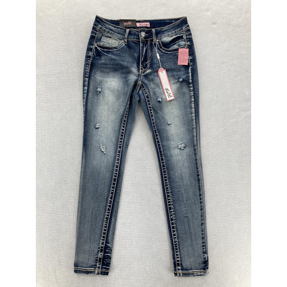 True Luck Jeans Womens 7/8 Blue Skinny Mid Rise Stretch Distressed Rhinestone